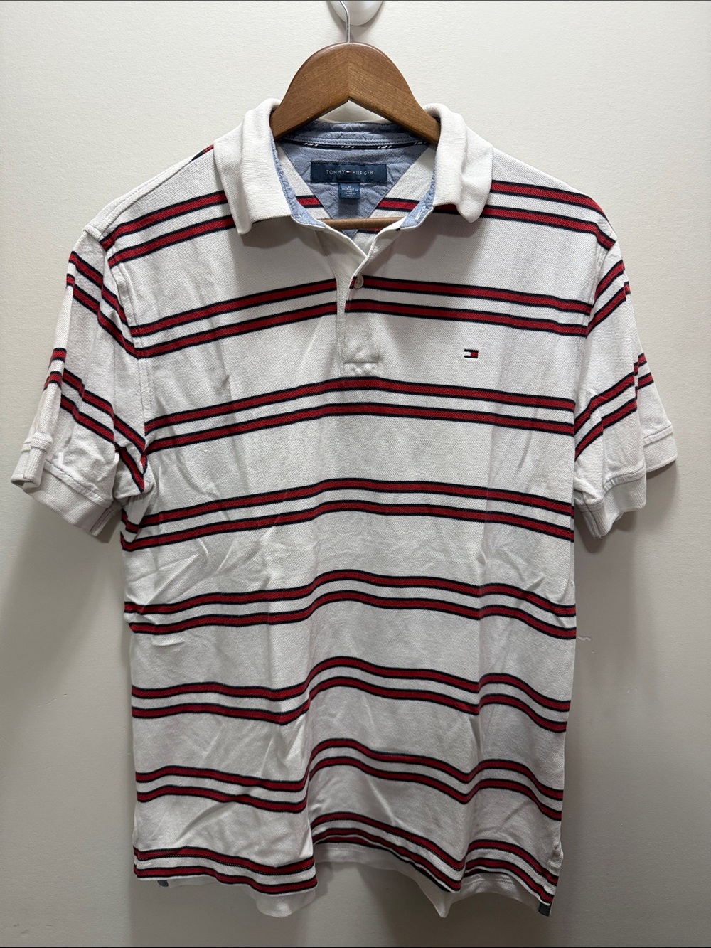 Tommy Hilfiger White Polo with Red & Black Stripes Size M 27.5 x23
